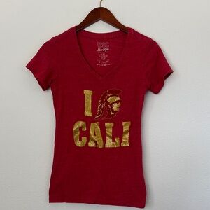 USC Her Style Women's Crimson V-Neck Tee with Glitter Graphic